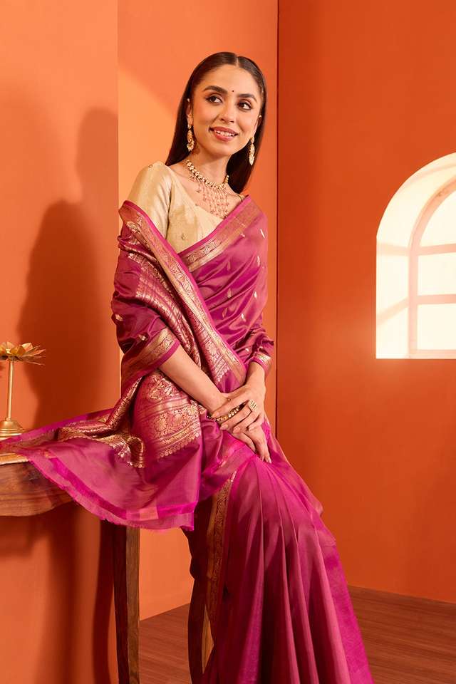 Purple Silk Viscose Cutwork Banarasi Saree image number