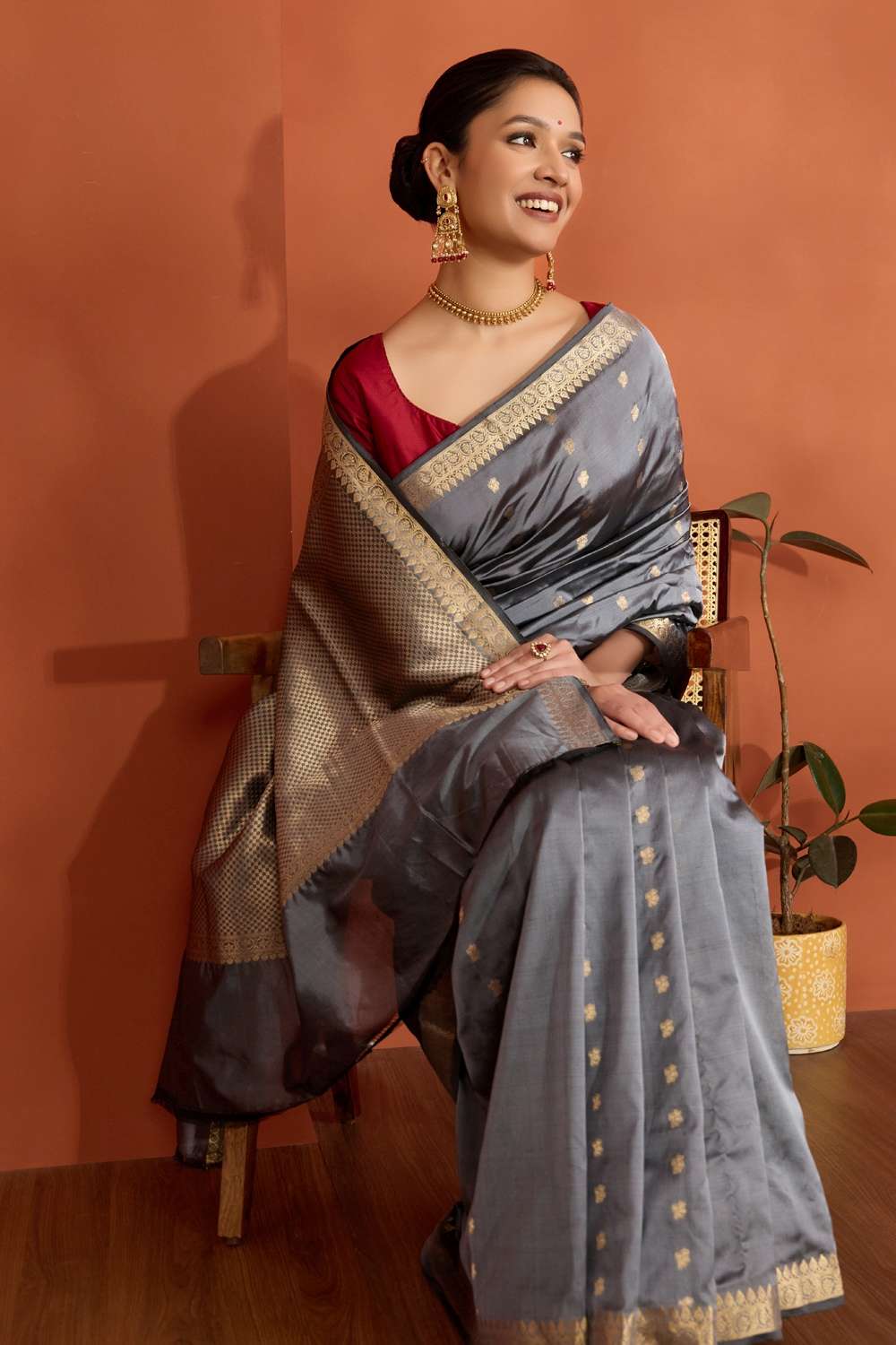 Grey Silk Viscose Cutwork Banaras Inspired Design Saree image number null