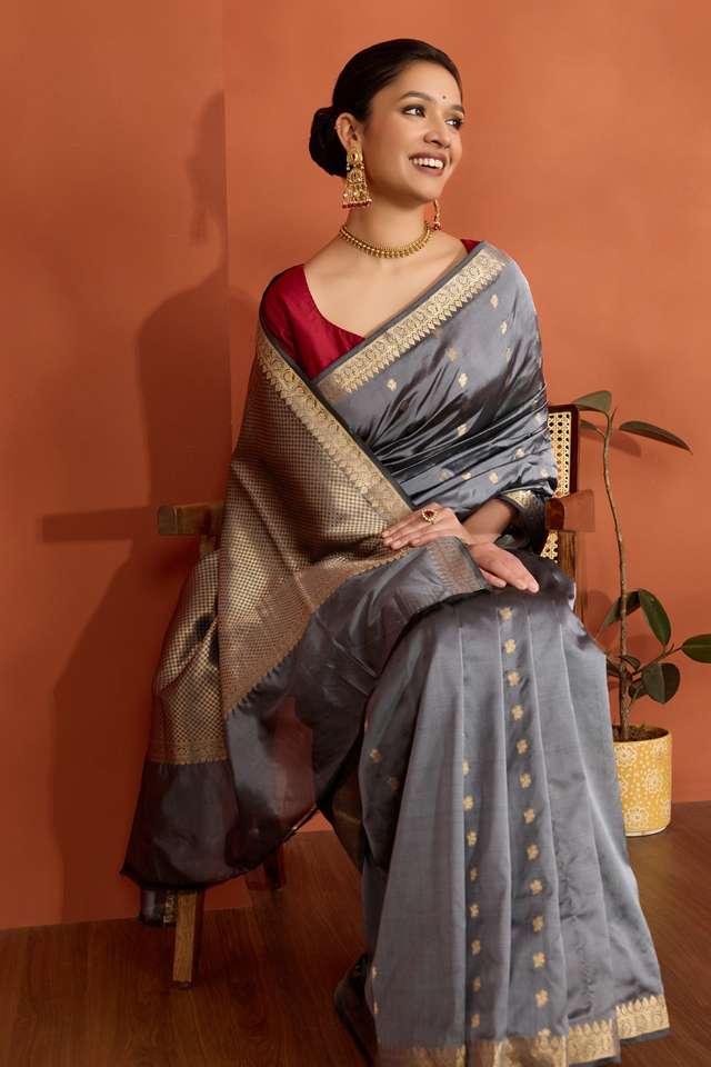 Grey Silk Viscose Cutwork Banaras Inspired Design Saree image number