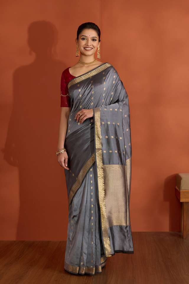 Grey Silk Viscose Cutwork Banaras Inspired Design Saree thumbnail image number null