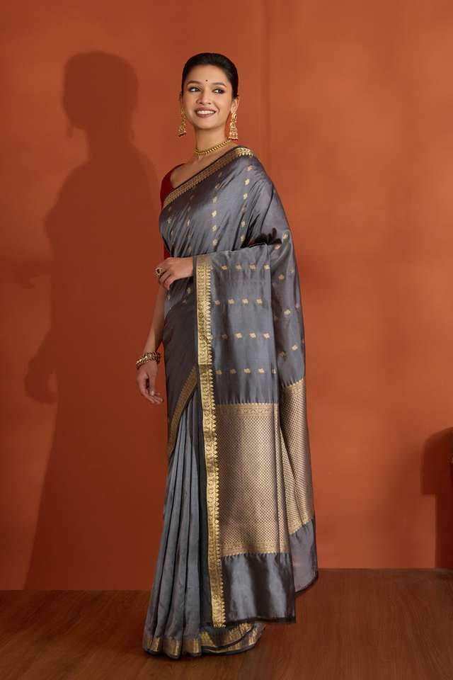 Grey Silk Viscose Cutwork Banaras Inspired Design Saree thumbnail image number null