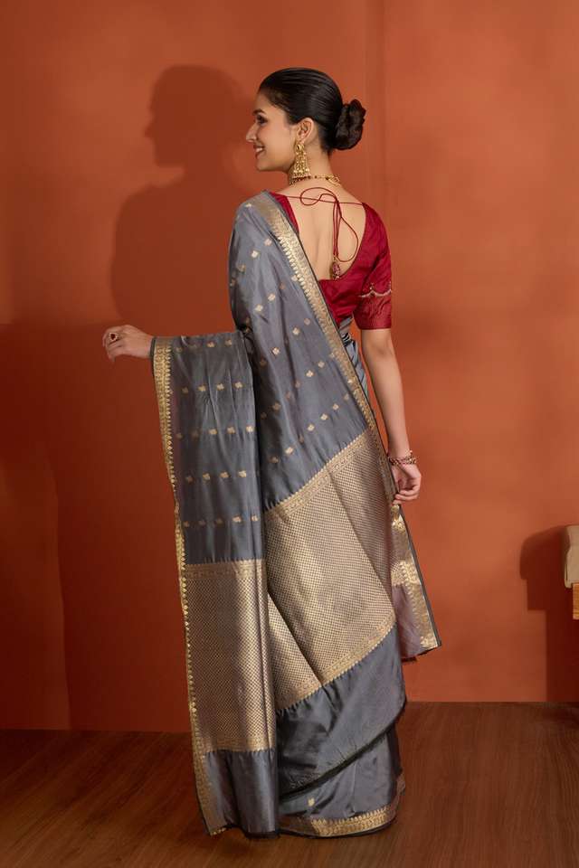 Grey Silk Viscose Cutwork Banaras Inspired Design Saree thumbnail image number null