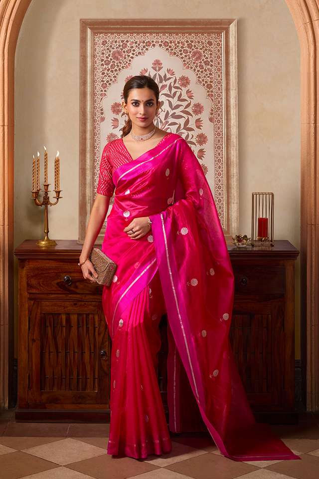 Dark Pink Woven Pure Silk Chanderi Saree image number