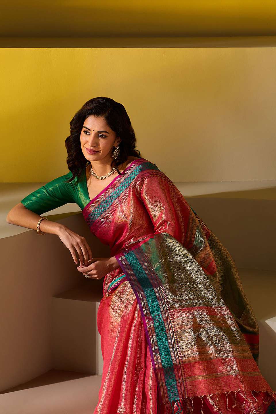 Pink Brocade Pure Silk Cotton Maheshwari Saree