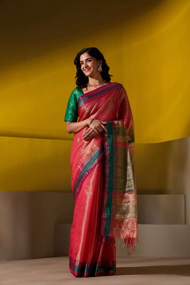 Pink Brocade Pure Silk Cotton Maheshwari Saree thumbnail image number null