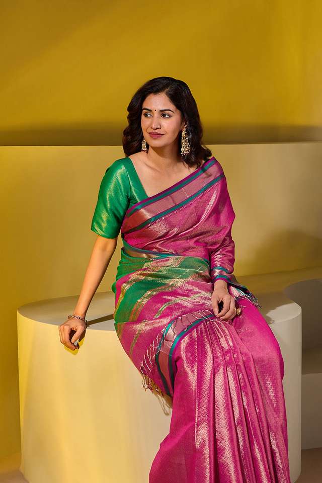 Dark Pink Brocade Pure Silk Cotton Maheshwari Saree image number