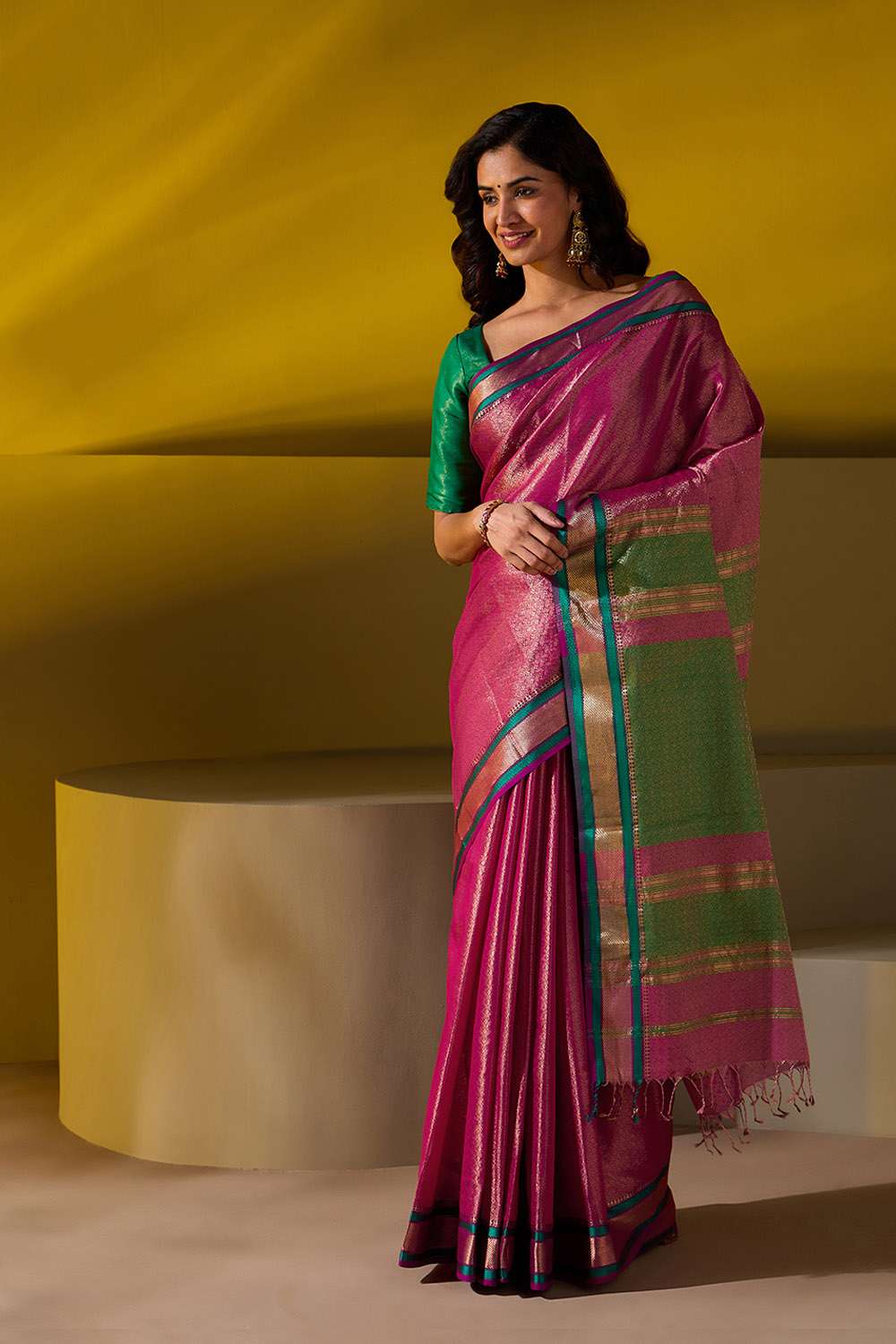Dark Pink Brocade Pure Silk Cotton Maheshwari Saree image number null
