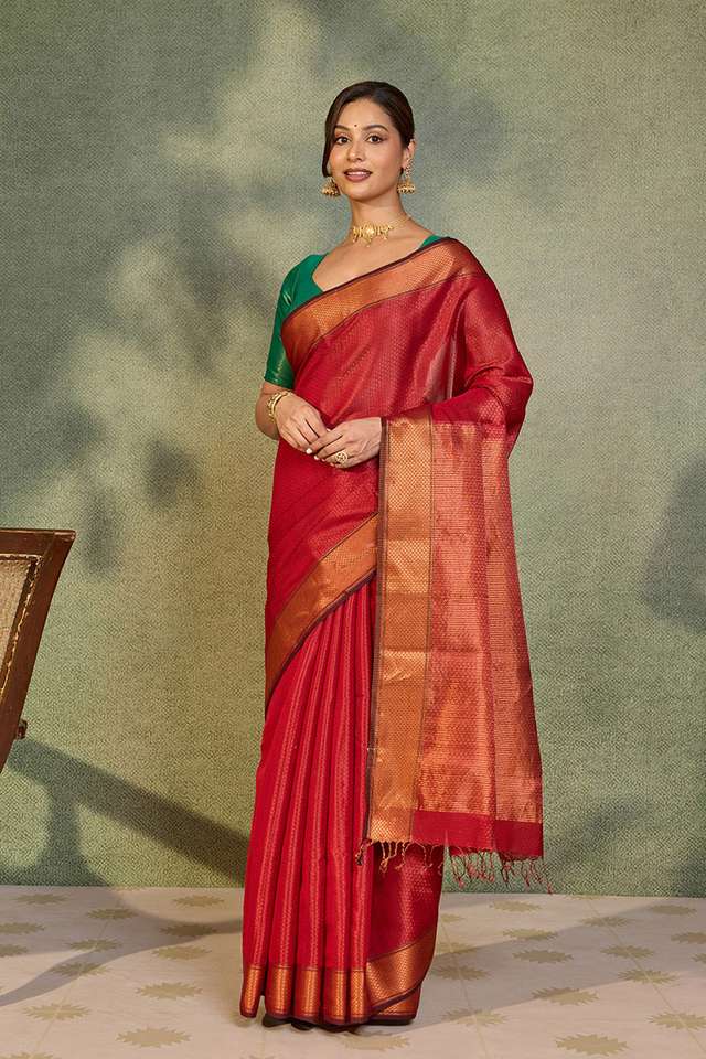 Red Brocade Pure Silk Cotton Maheshwari Saree thumbnail image number null