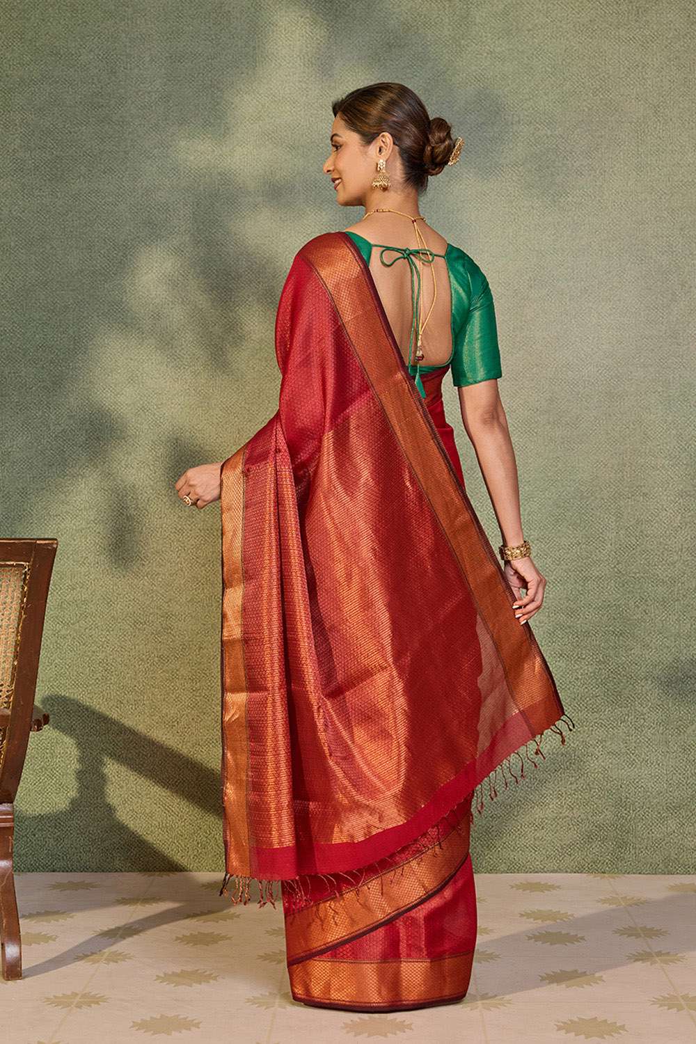 Red Brocade Pure Silk Cotton Maheshwari Saree image number null