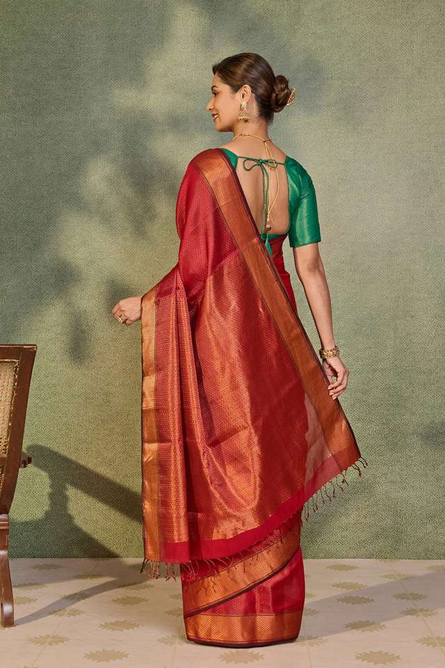 Red Brocade Pure Silk Cotton Maheshwari Saree thumbnail image number null