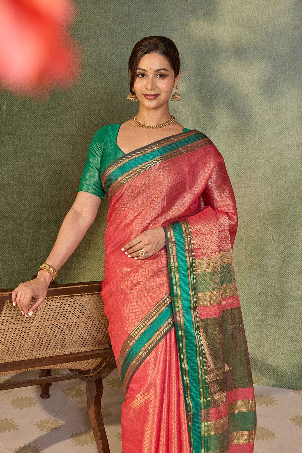 Pink Brocade Pure Silk Cotton Maheshwari Saree image number null