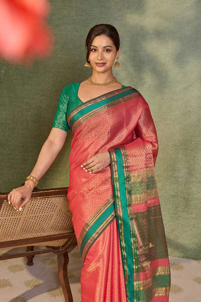 Pink Brocade Pure Silk Cotton Maheshwari Saree image number