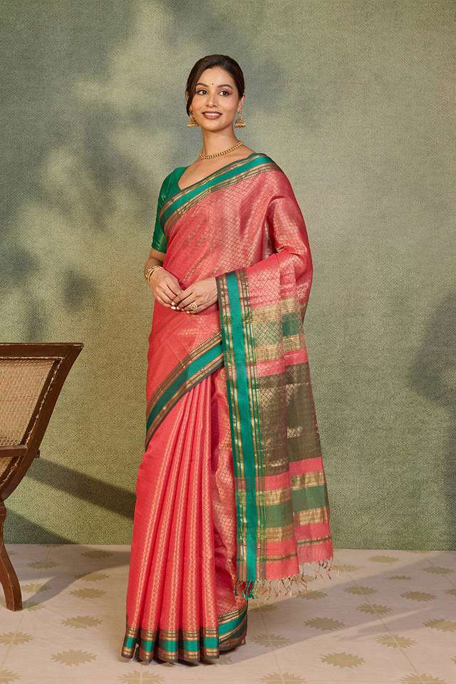 Pink Brocade Pure Silk Cotton Maheshwari Saree thumbnail image number null