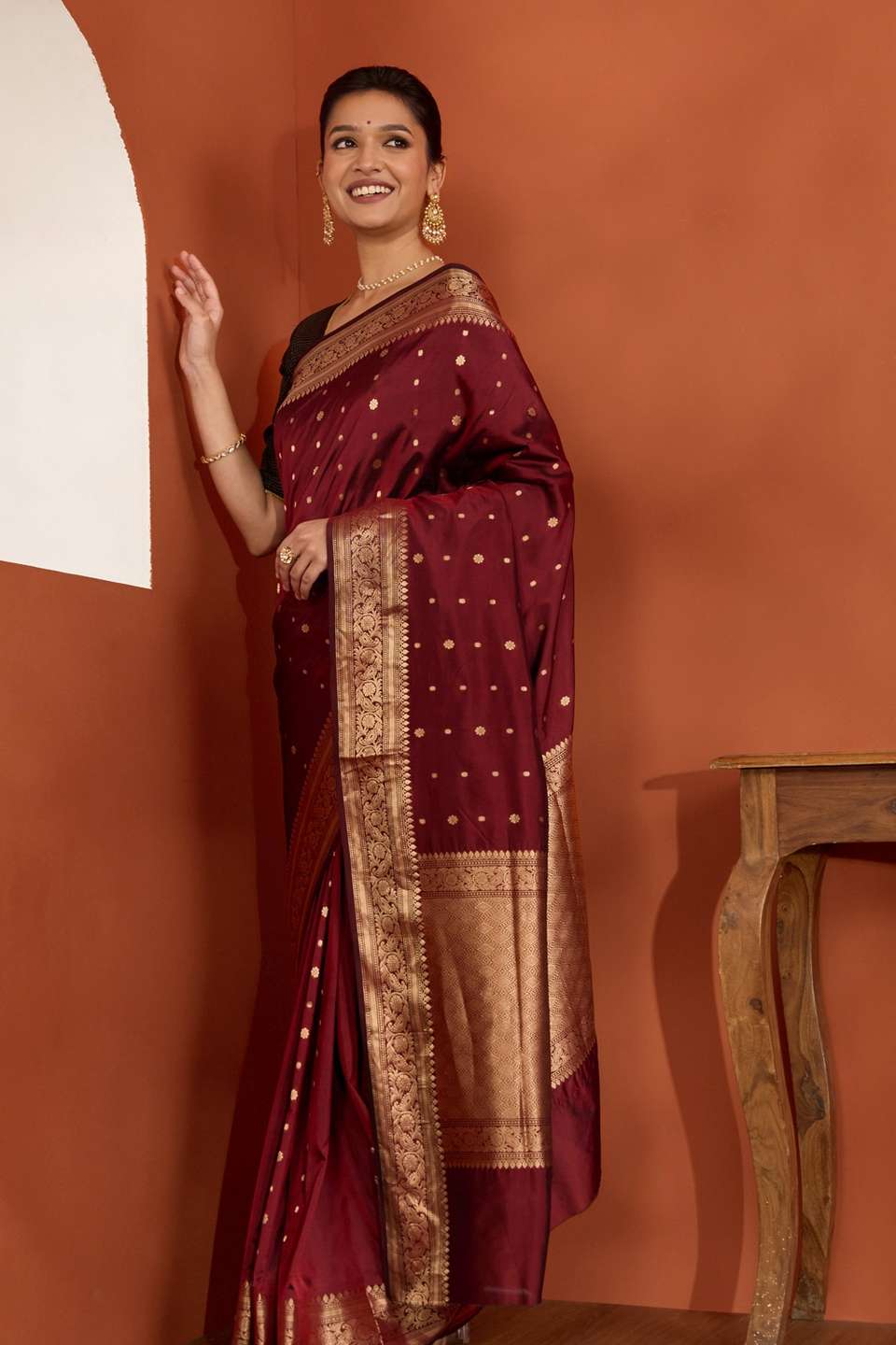 Dark Red Silk Viscose Cutwork Banaras Inspired Design Saree