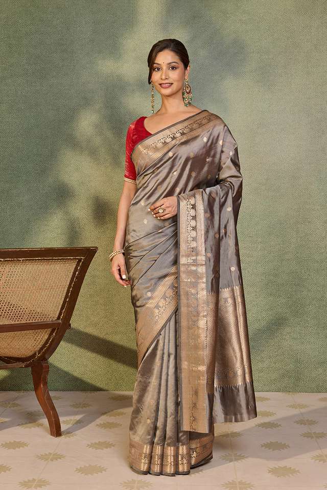 Grey Silk Viscose Kadwa Banarasi Saree thumbnail image number null