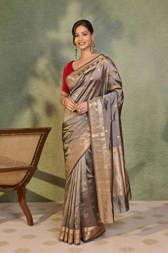 Grey Silk Viscose Kadwa Banarasi Saree thumbnail image number null