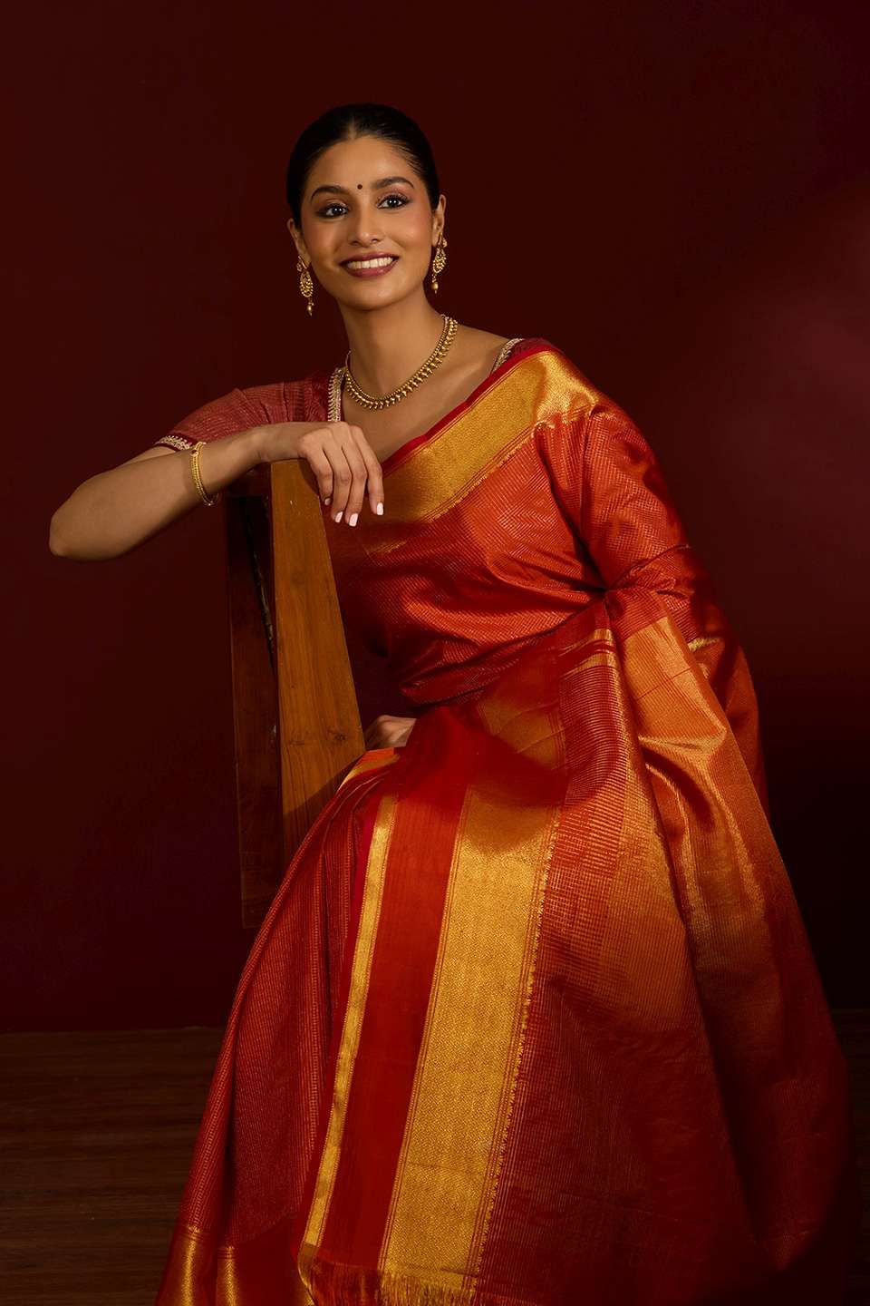 Dark Orange Pure Silk Woven Kanjivaram Saree