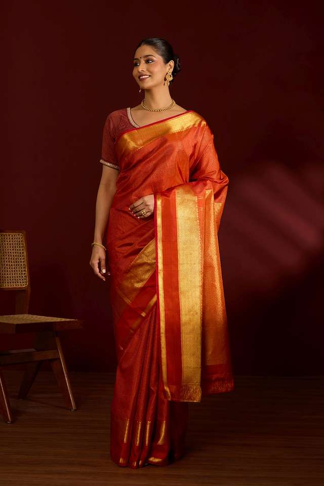 Dark Orange Pure Silk Woven Kanjivaram Saree thumbnail image number null