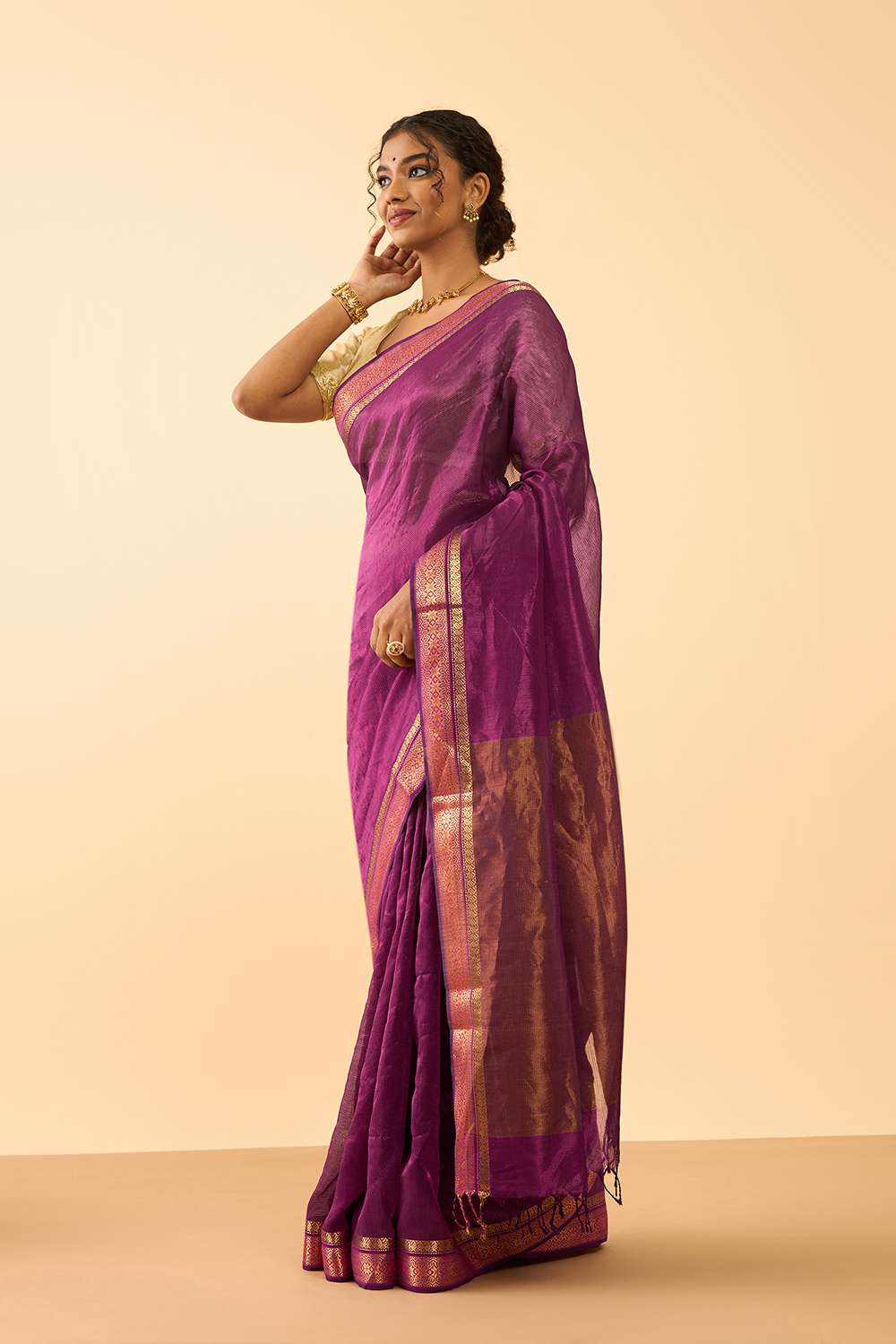 Purple Woven Pure Silk Tissue Maheshwar Saree image number null