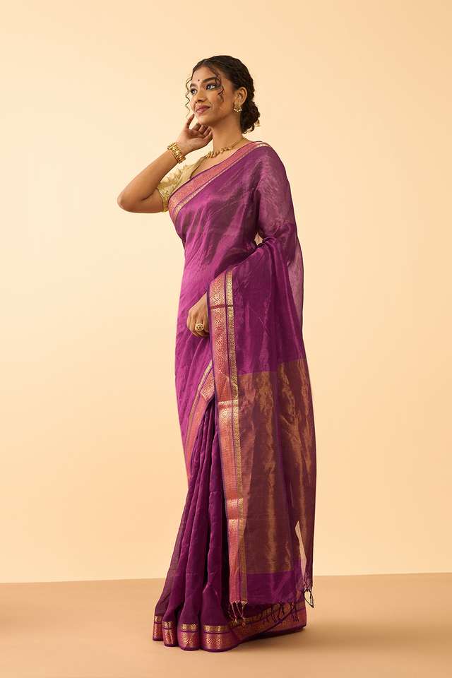 Purple Woven Pure Silk Tissue Maheshwar Saree image number