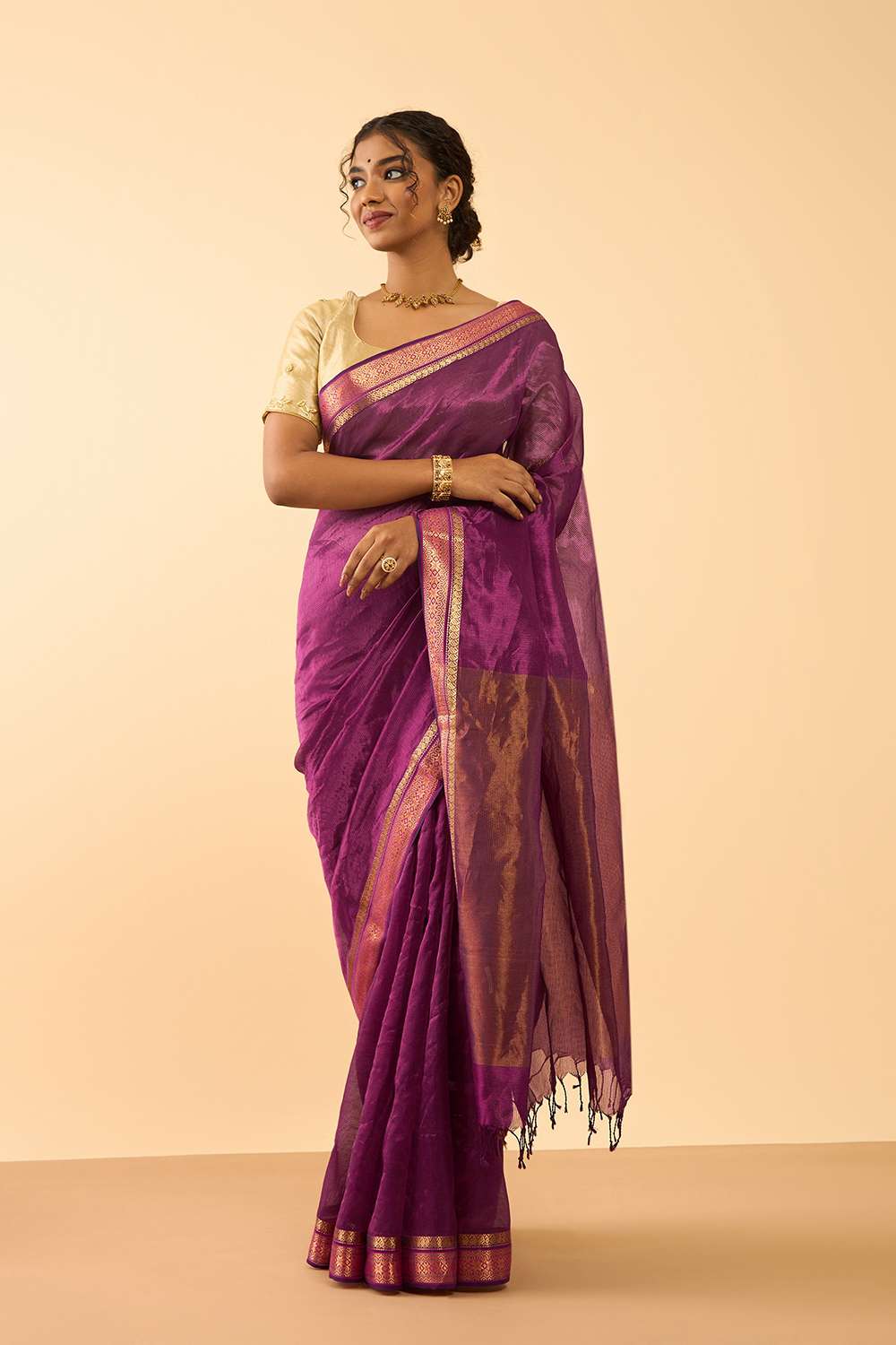 Purple Woven Pure Silk Tissue Maheshwar Saree image number null
