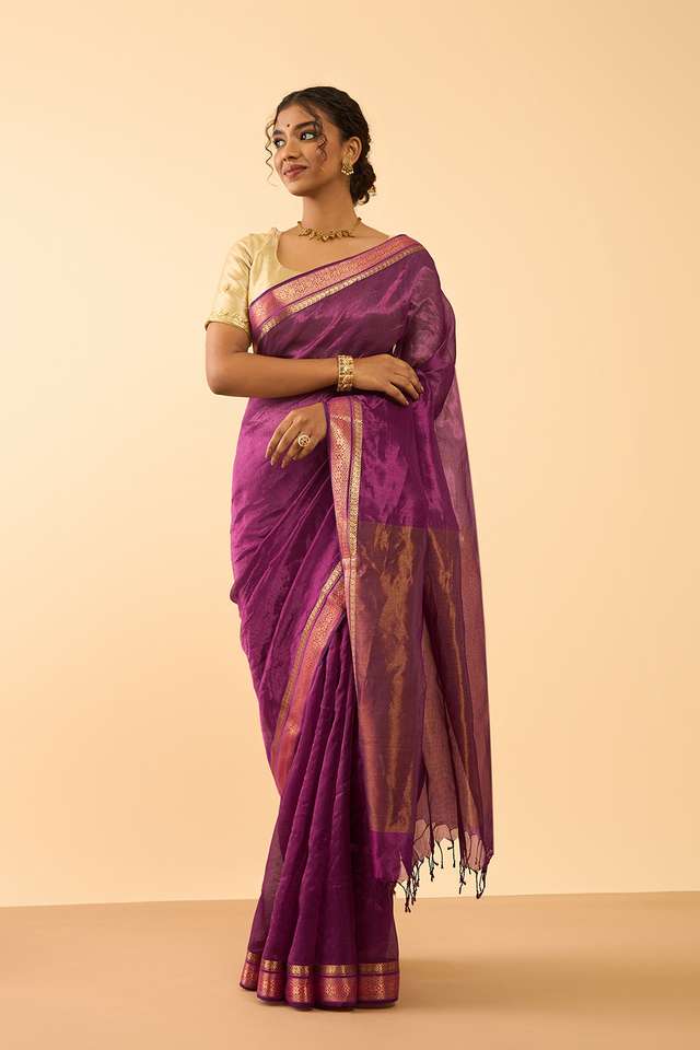 Purple Woven Pure Silk Tissue Maheshwar Saree thumbnail image number null