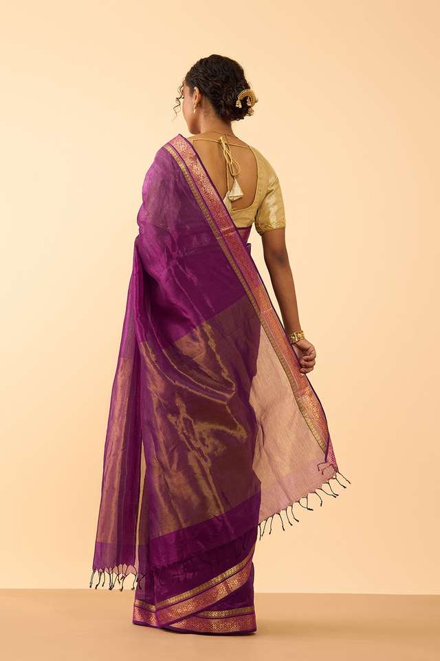 Purple Woven Pure Silk Tissue Maheshwar Saree thumbnail image number null
