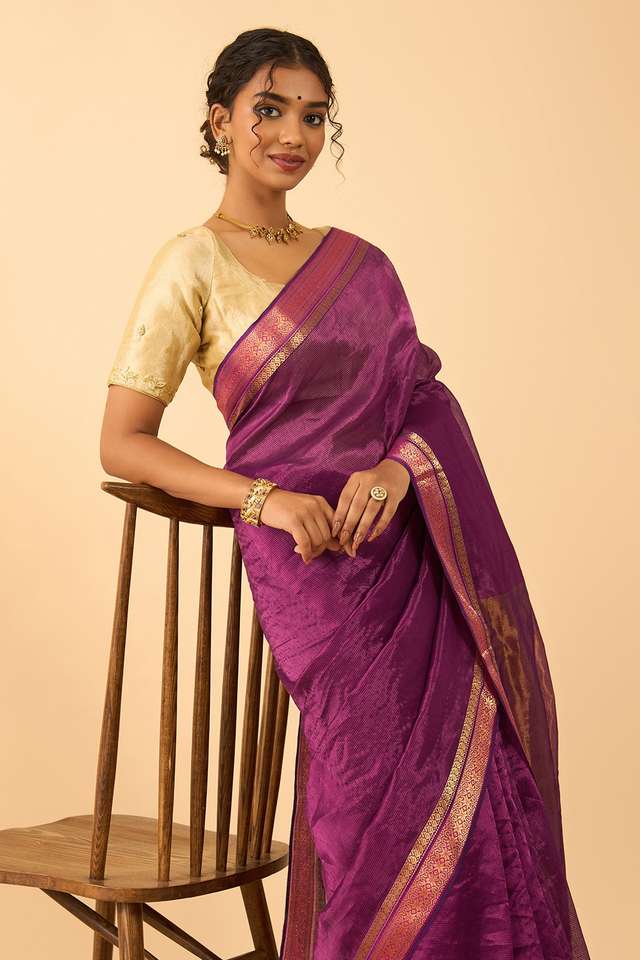 Purple Woven Pure Silk Tissue Maheshwar Saree thumbnail image number null