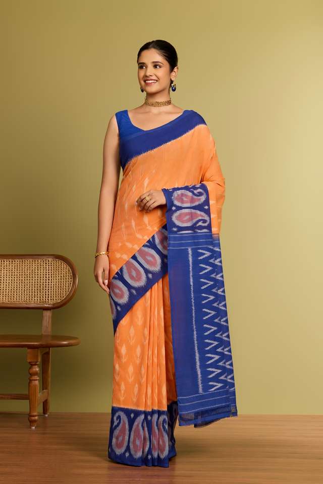 Orange Pochampalli Pure Cotton Ikat Saree thumbnail image number null