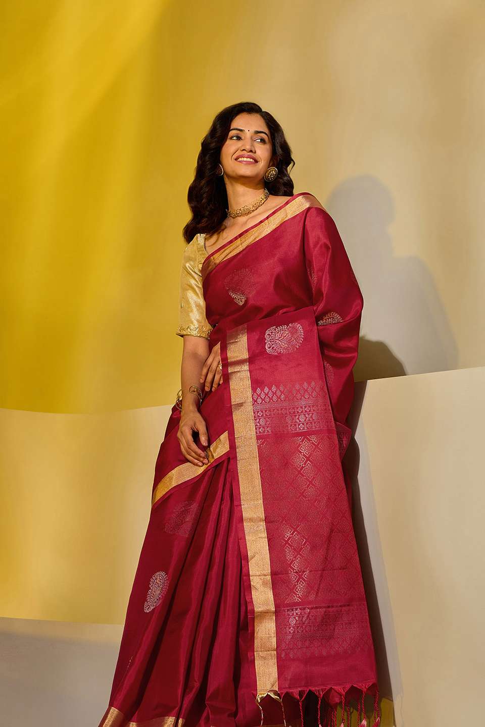 Dark Red Woven Pure Soft Silk Saree