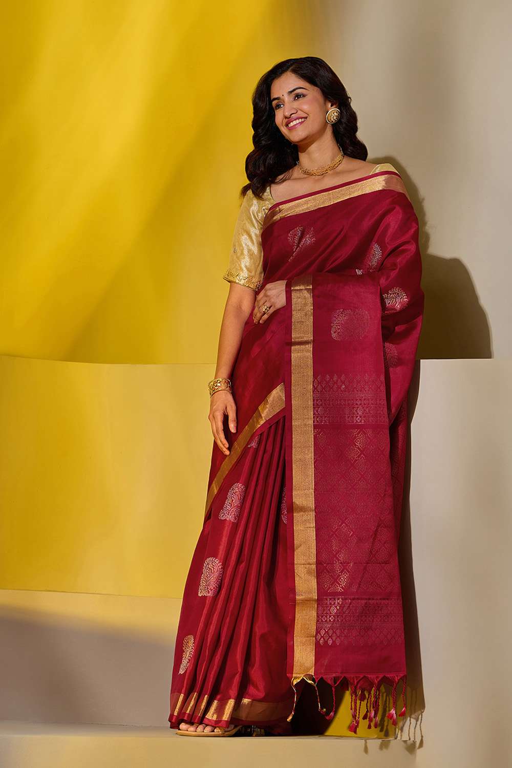 Dark Red Woven Pure Soft Silk Saree image number null