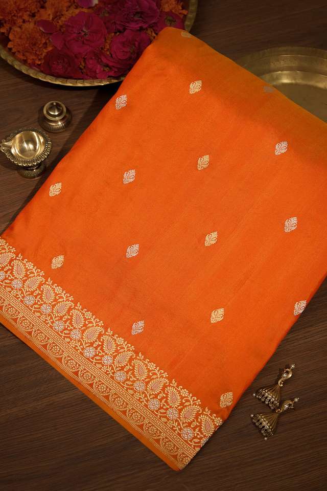 Orange Pure Silk Kadwa Banarasi Saree image number