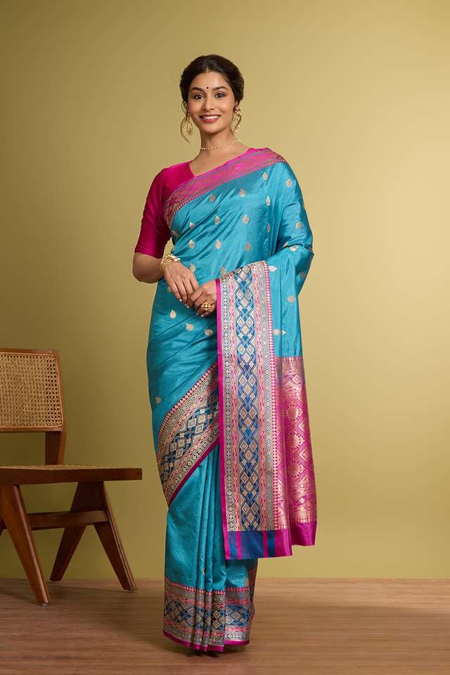 Light Blue Pure Silk Kadwa Banarasi Saree thumbnail image number null