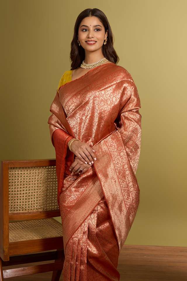 Orange Pure Silk Brocade Banarasi Saree image number