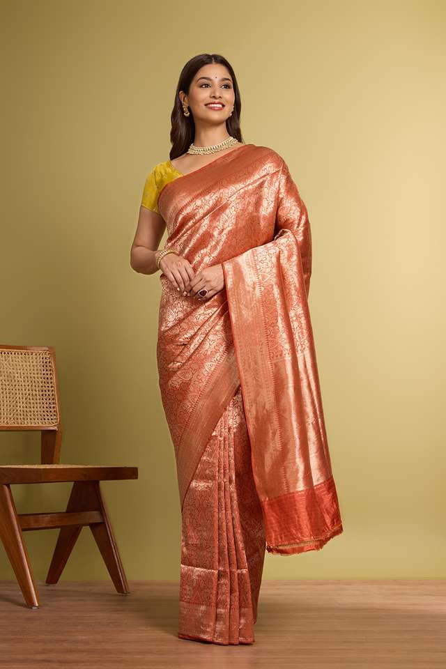 Orange Pure Silk Brocade Banarasi Saree thumbnail image number null