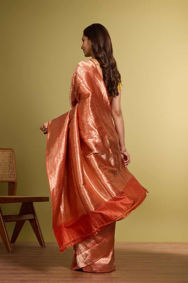 Orange Pure Silk Brocade Banarasi Saree thumbnail image number null