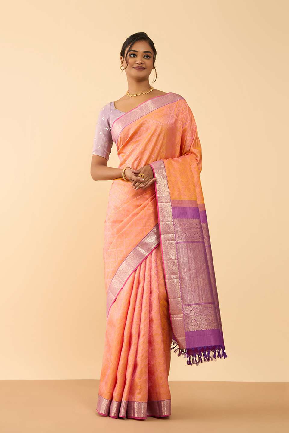 Light Orange Pure Silk Woven Kanjivaram Saree