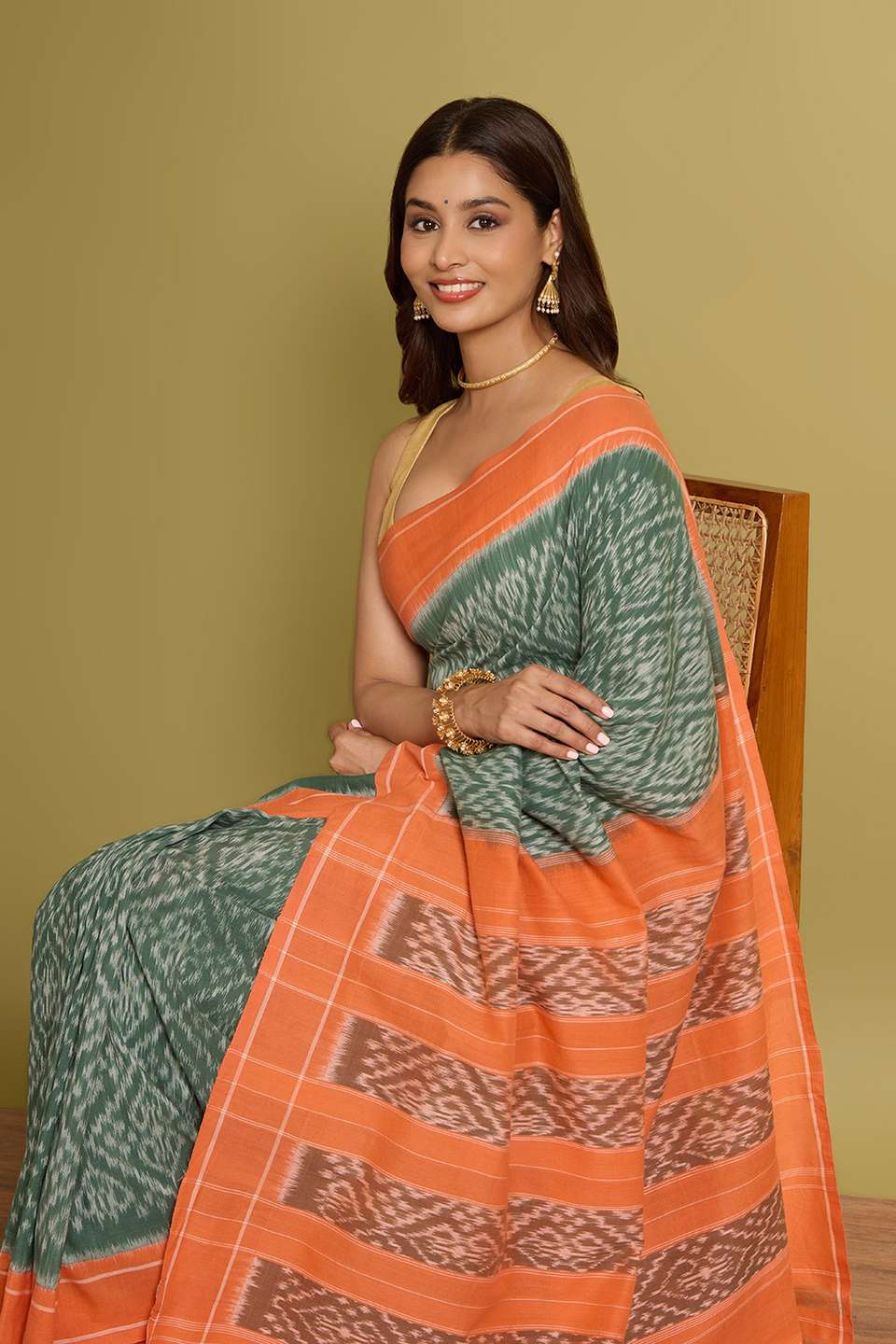 Dark Green Pure Cotton Ikat Saree