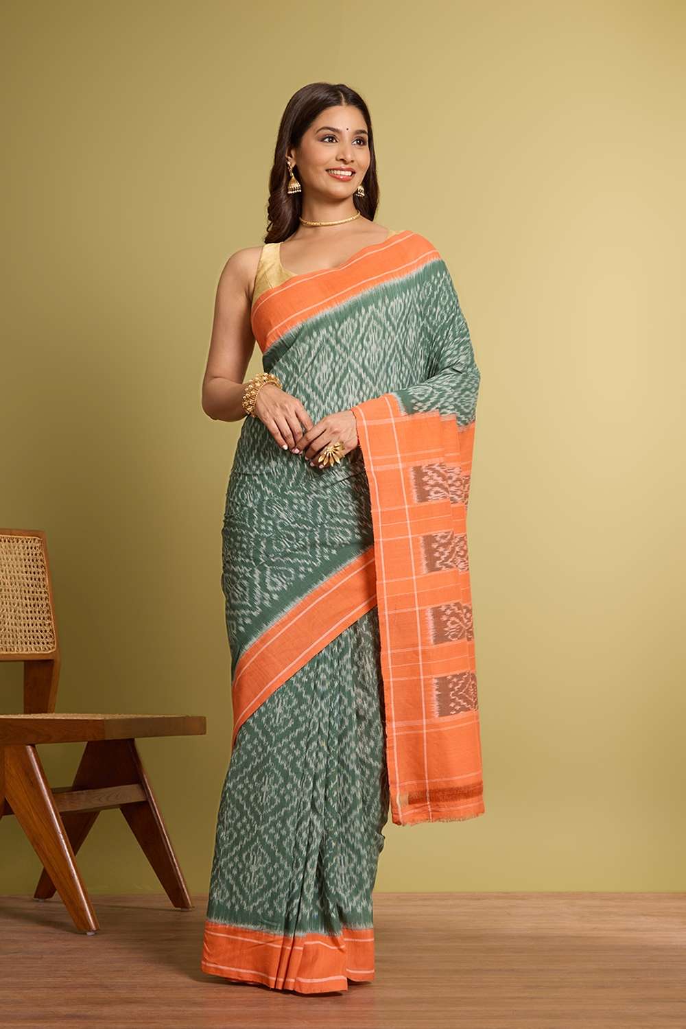 Dark Green Pure Cotton Ikat Saree image number null