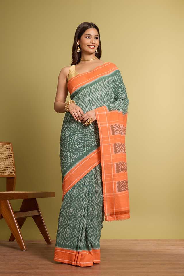Dark Green Pure Cotton Ikat Saree thumbnail image number null