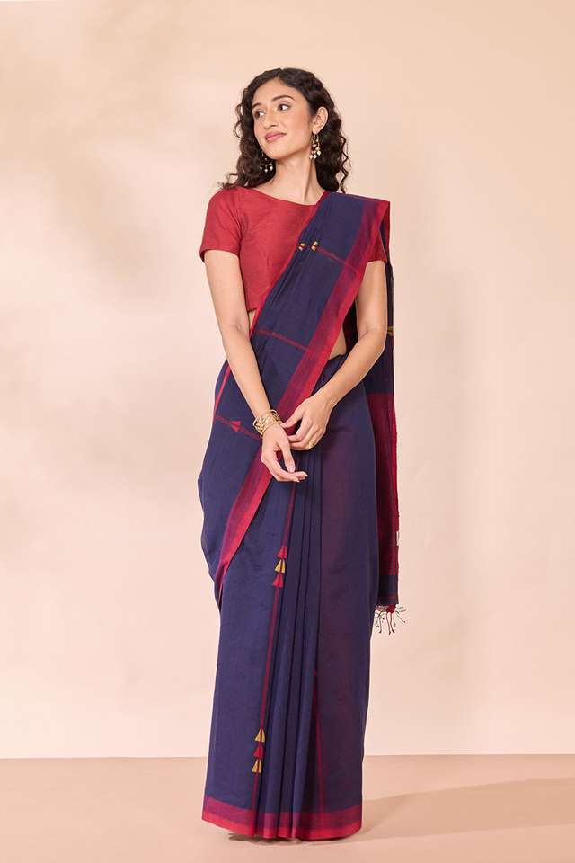 Dark Blue Bengal Pure Silk Cotton Jamdani Saree thumbnail image number null