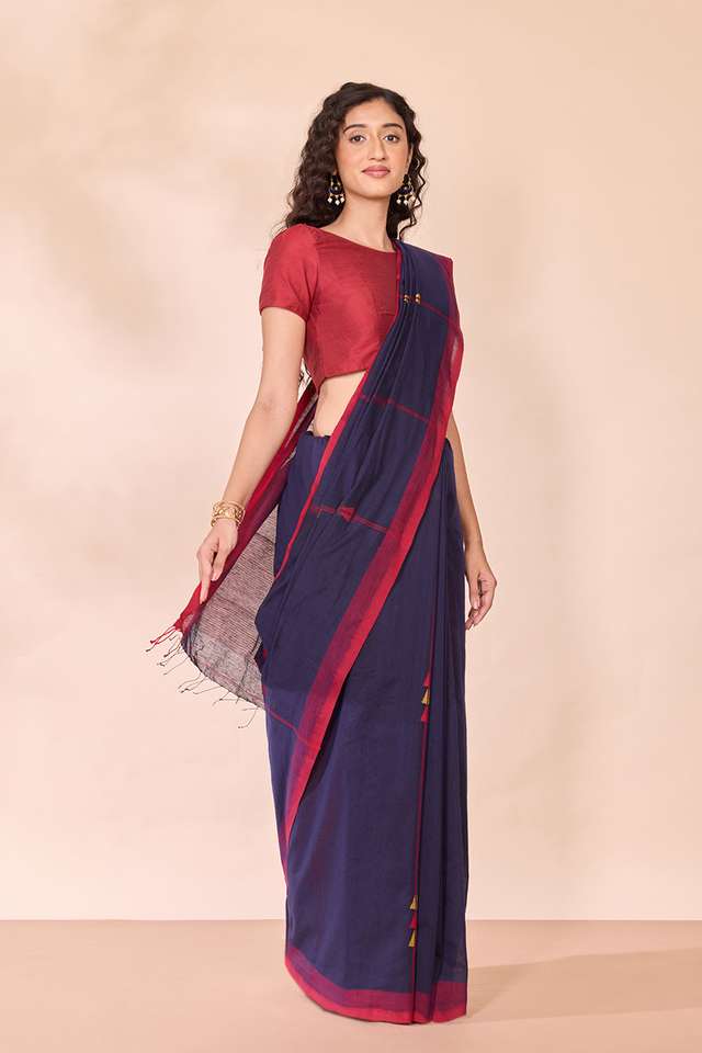 Dark Blue Bengal Pure Silk Cotton Jamdani Saree thumbnail image number null