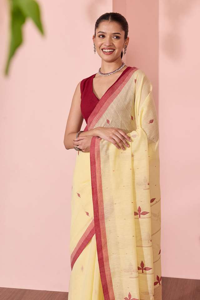 Light Yellow Bengal Pure Silk Cotton Jamdani Saree image number