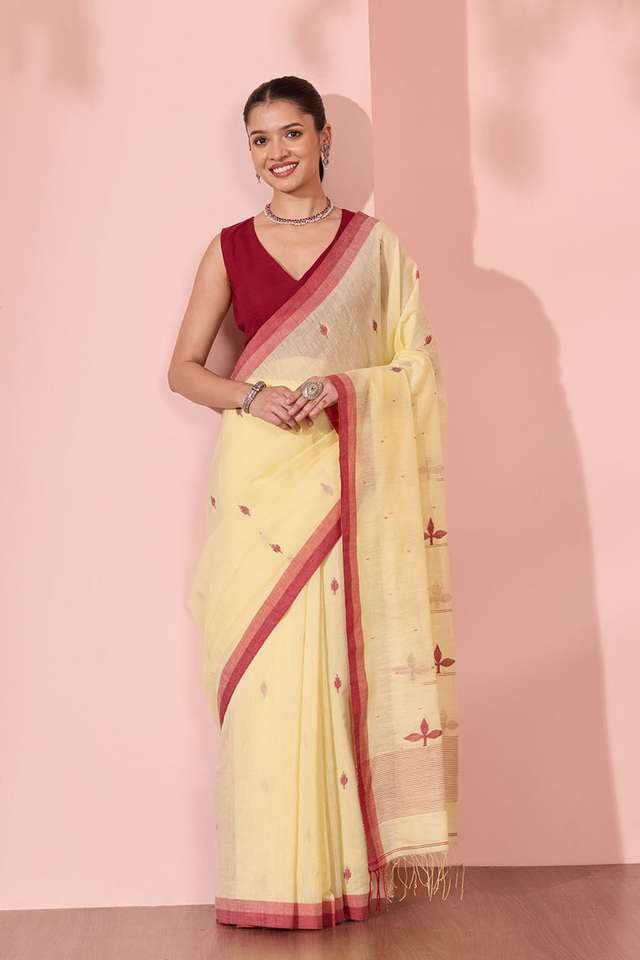Light Yellow Bengal Pure Silk Cotton Jamdani Saree thumbnail image number null