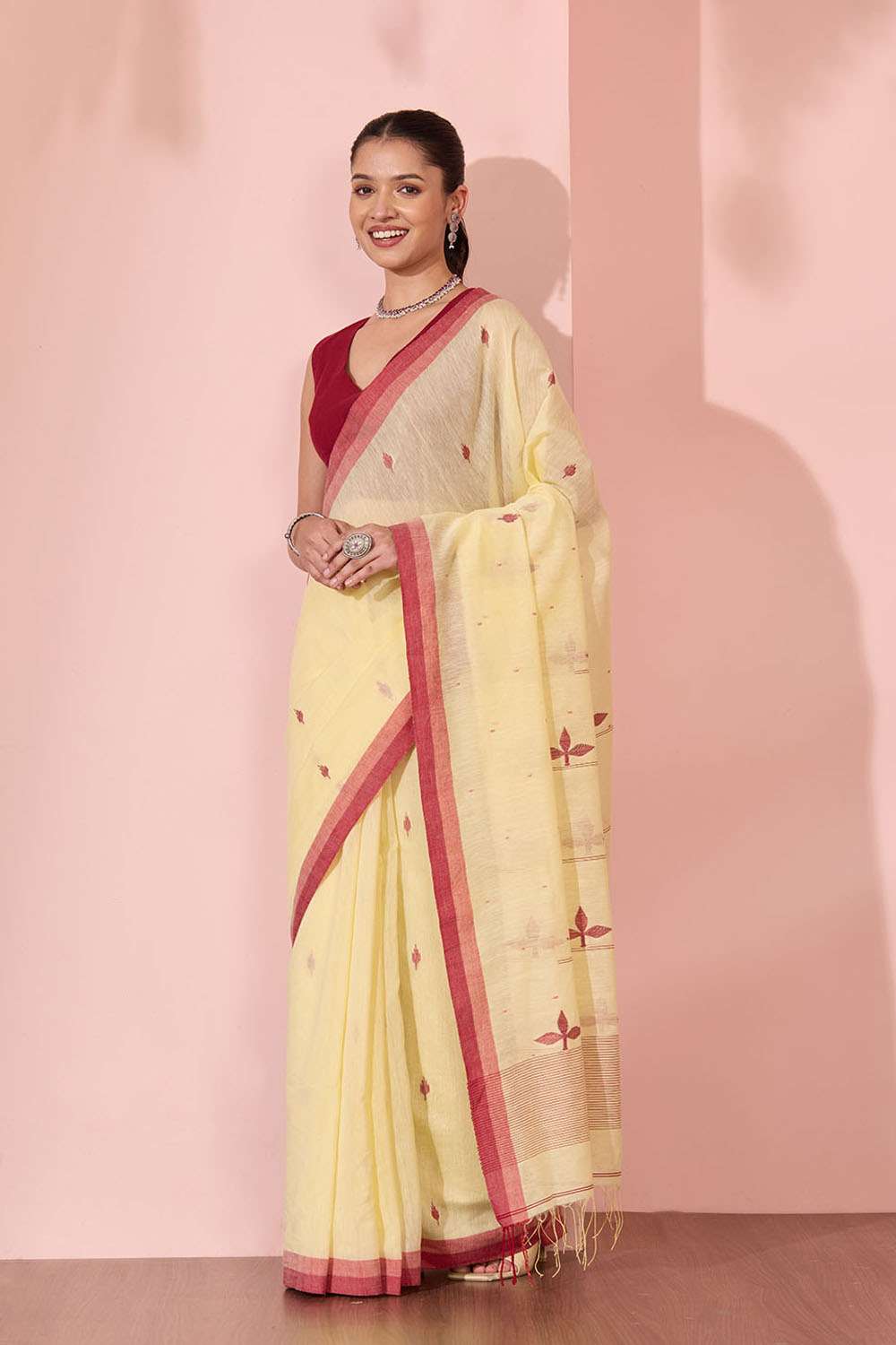 Light Yellow Bengal Pure Silk Cotton Jamdani Saree image number null