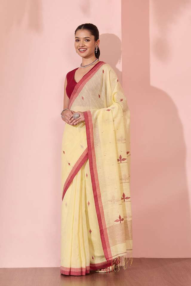 Light Yellow Bengal Pure Silk Cotton Jamdani Saree thumbnail image number null