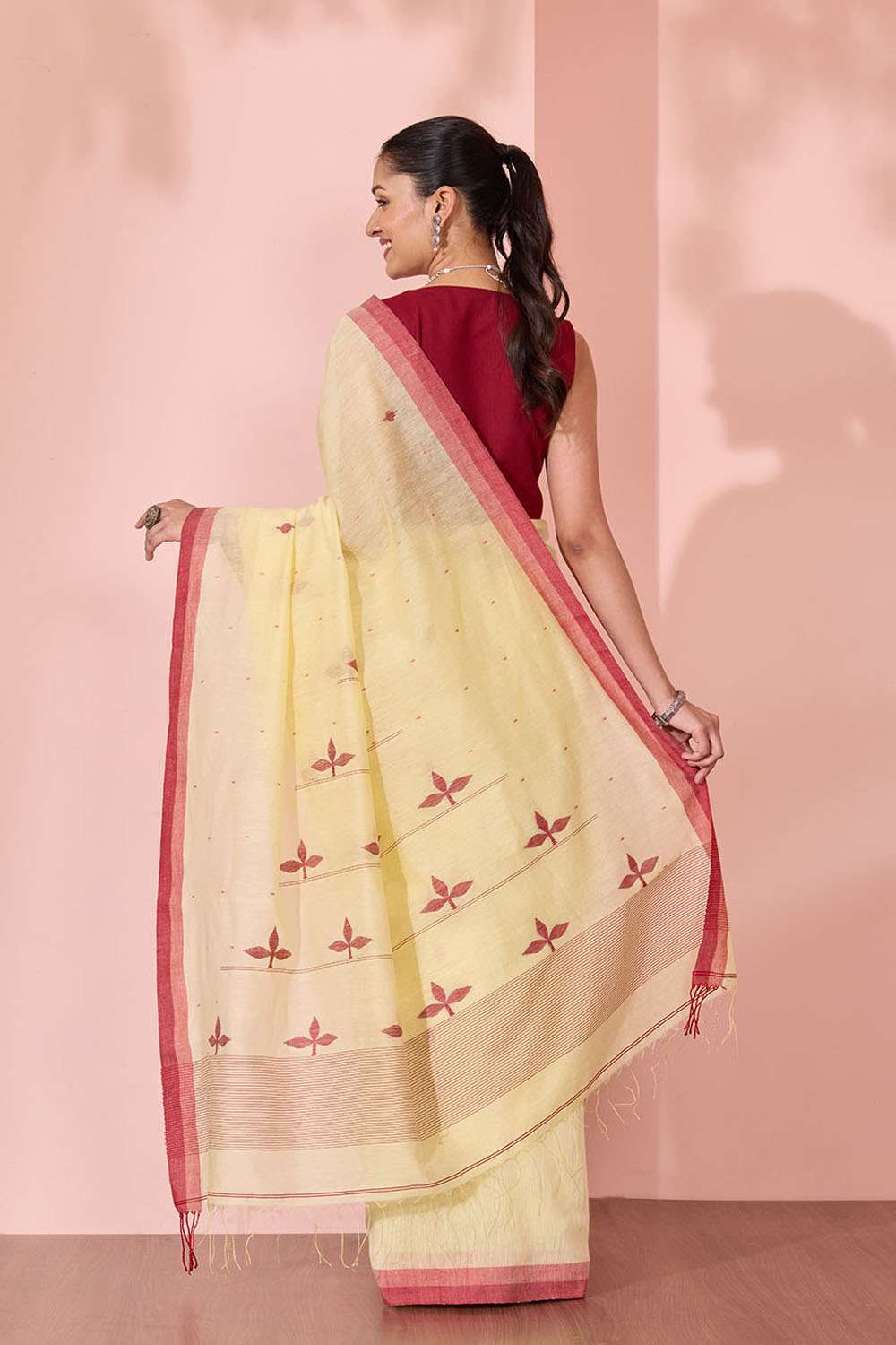 Light Yellow Bengal Pure Silk Cotton Jamdani Saree image number null