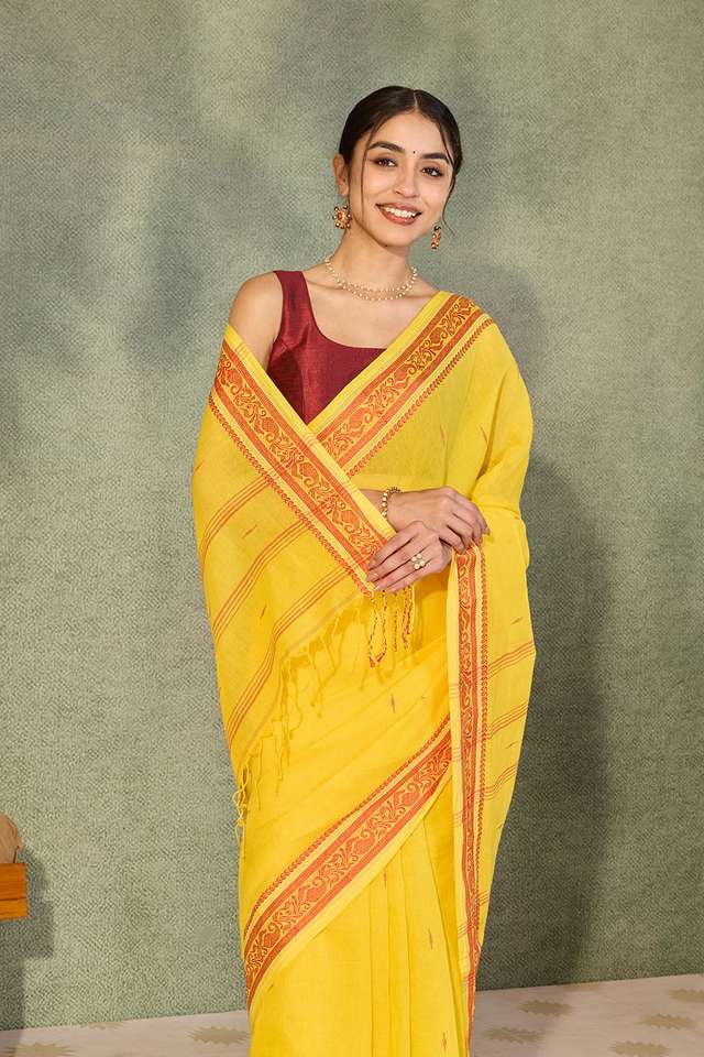 Yellow Bengal Pure Cotton Jamdani Saree image number