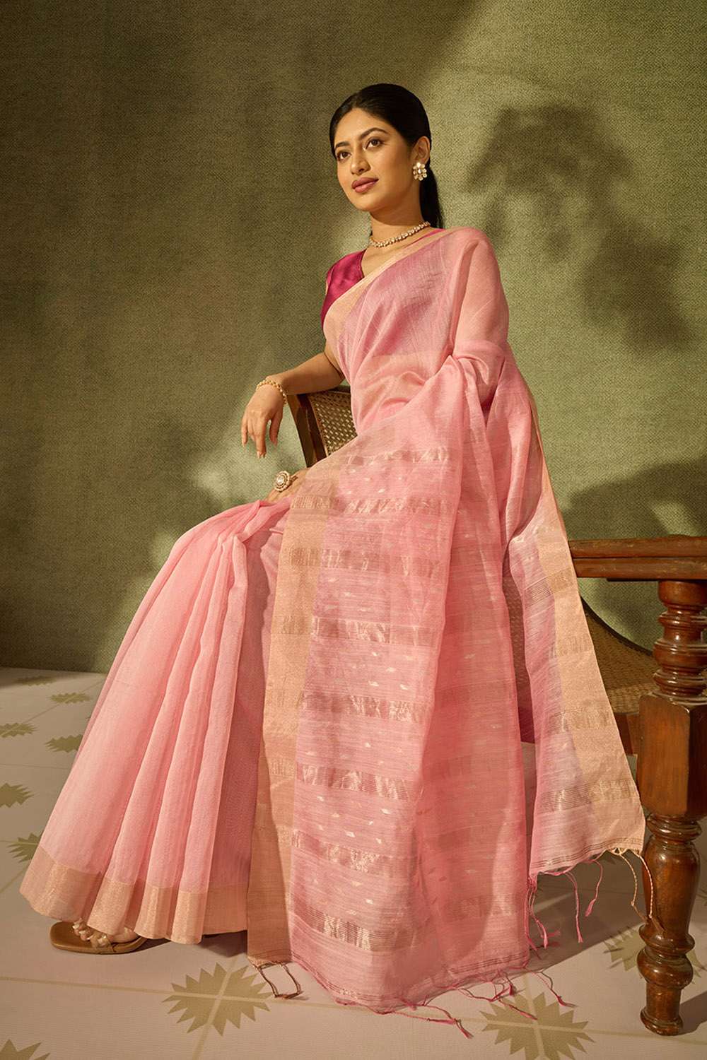 Light Pink Bengal Pure Silk Cotton Jamdani Saree image number null