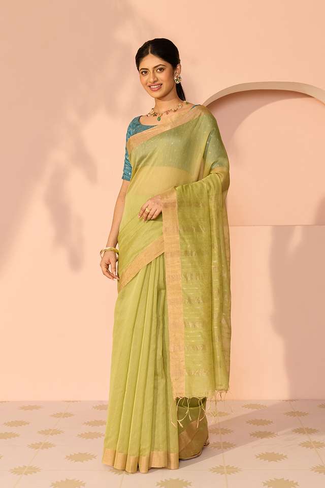 Light Green Bengal Pure Silk Cotton Jamdani Saree thumbnail image number null